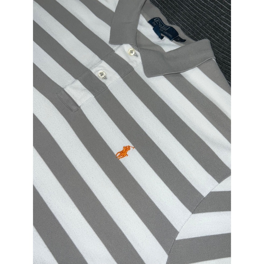Polo Ralph Lauren Mens XL Grey White Striped Short Sleeve Cotton Polo Shirt - Picture 4 of 7